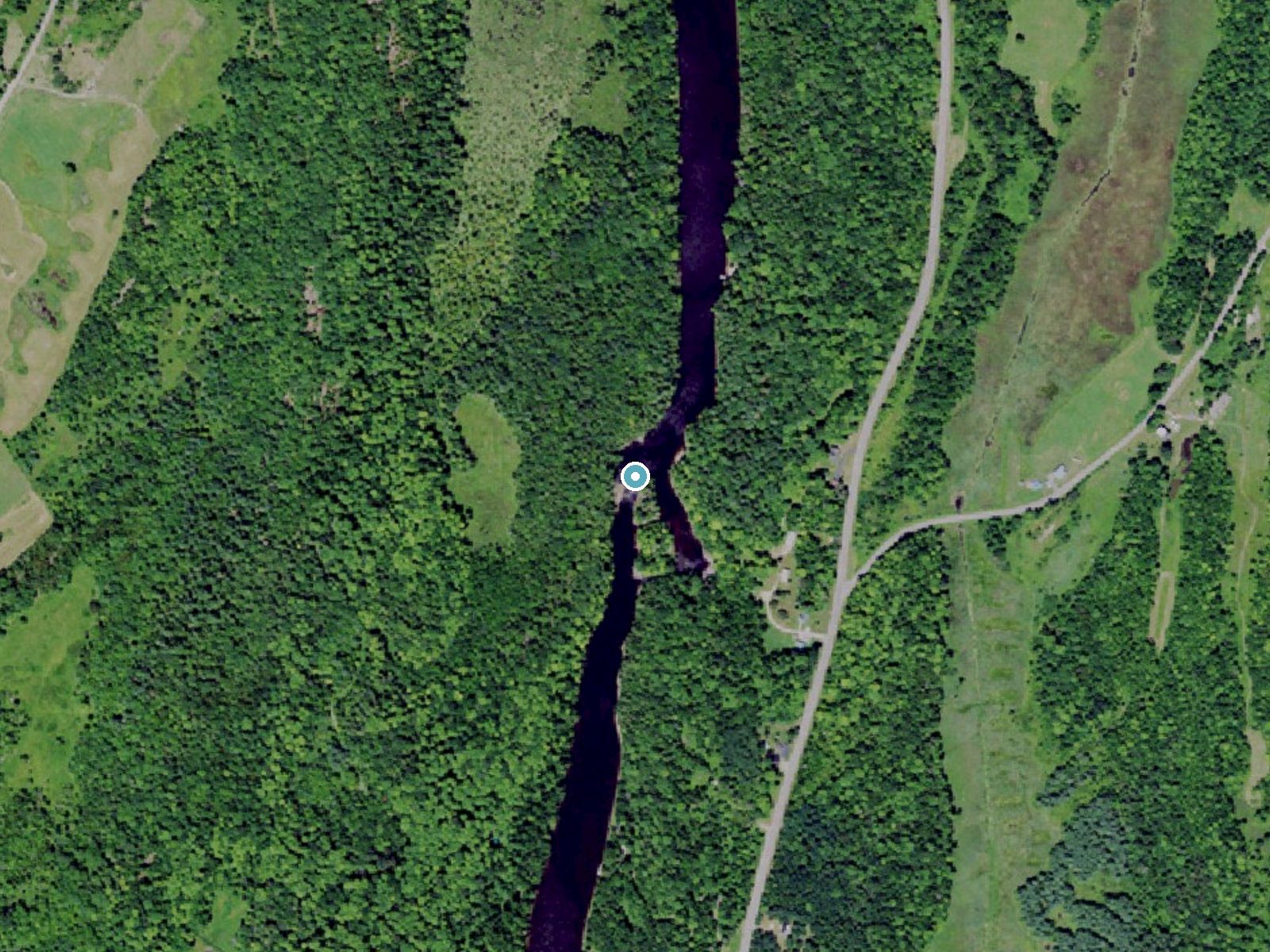 Aerial photo of the same ground around Coopers Falls near Rensselaer Falls, New York, for comparison with the lidar view