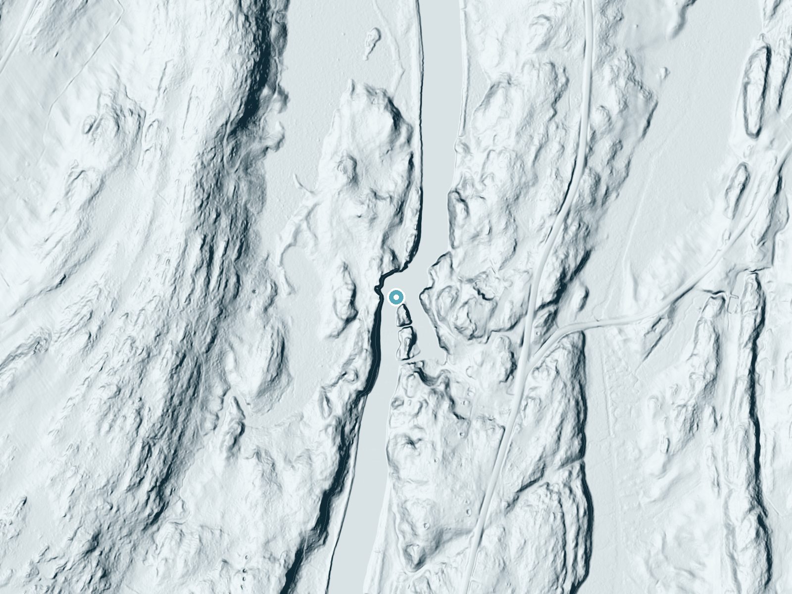 LiDAR bare-earth terrain around Coopers Falls near Rensselaer Falls, New York, showing about 50 feet of drop, a steep tiered drop, facing east