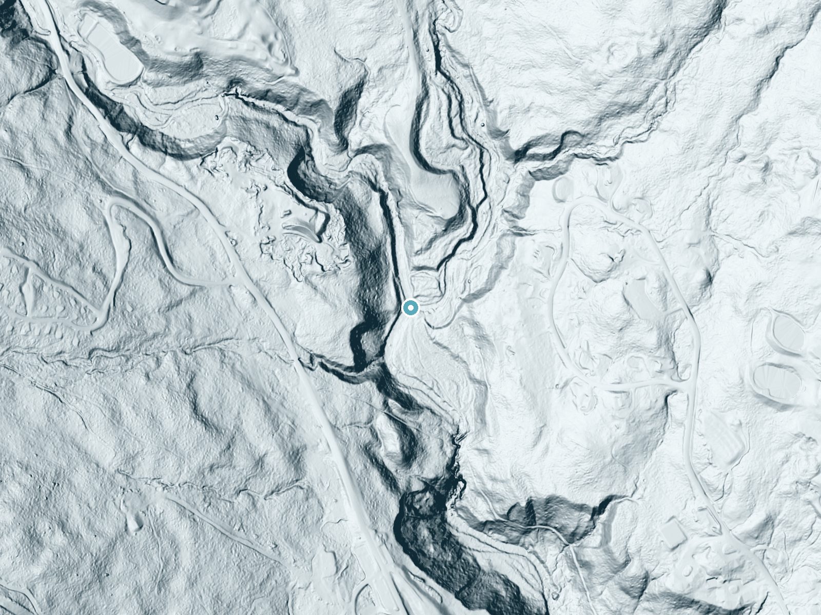 LiDAR bare-earth terrain around Bingham Falls near Underhill Center, Vermont, showing about 65 feet of drop, a long cascade, facing southeast