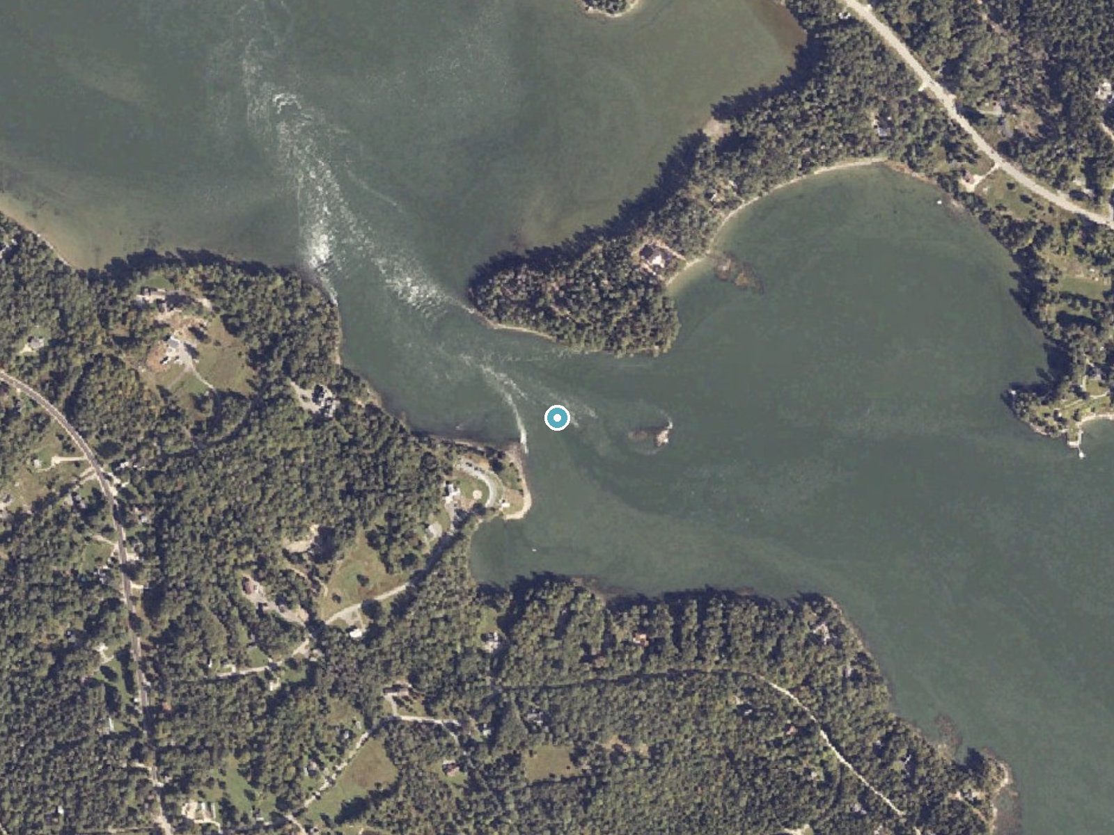 Aerial photo of the same ground around Sullivan Falls near Northeast Harbor, Maine, for comparison with the lidar view