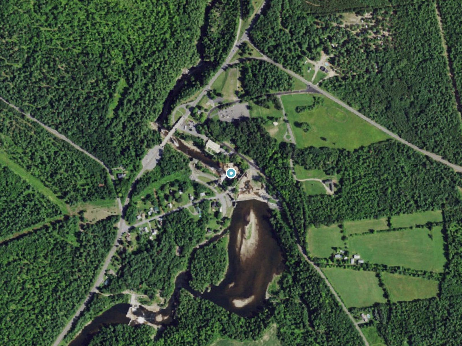 Aerial photo of the same ground around Rainbow Falls near Keeseville, New York, for comparison with the lidar view