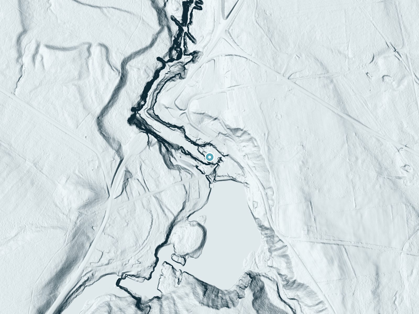 LiDAR bare-earth terrain around Rainbow Falls near Keeseville, New York, showing about 99 feet of drop, a steep tiered drop, facing west