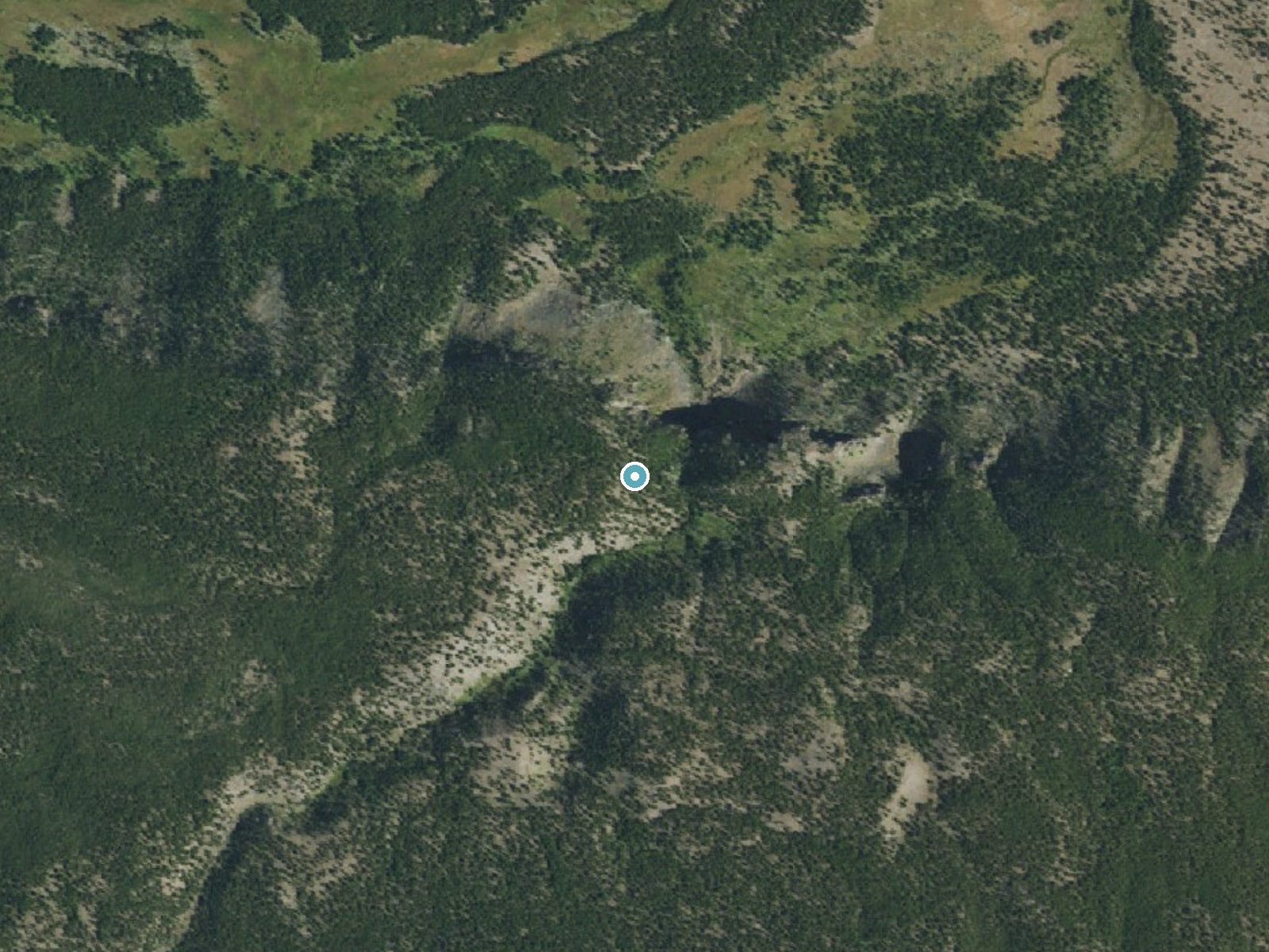 Aerial photo of the same ground around Fairy Falls near West Yellowstone, Wyoming, for comparison with the lidar view