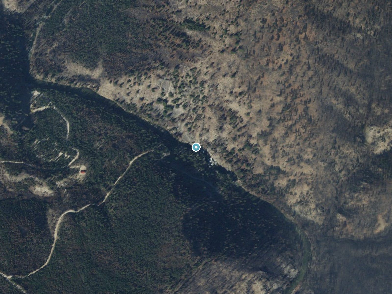 Aerial photo of the same ground around Dagger Falls near Yellow Pine, Idaho, for comparison with the lidar view