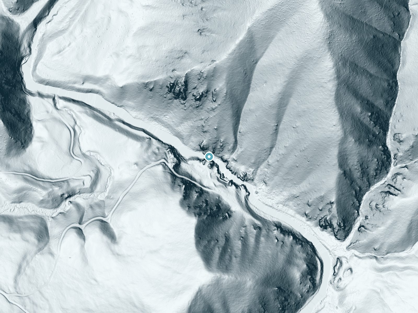 LiDAR bare-earth terrain around Dagger Falls near Yellow Pine, Idaho, showing about 194 feet of drop, a steep tiered drop, facing southwest