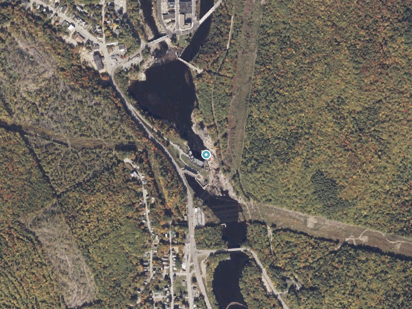 Aerial photo of the same ground around Rumford Falls near Bethel, Maine, for comparison with the lidar view