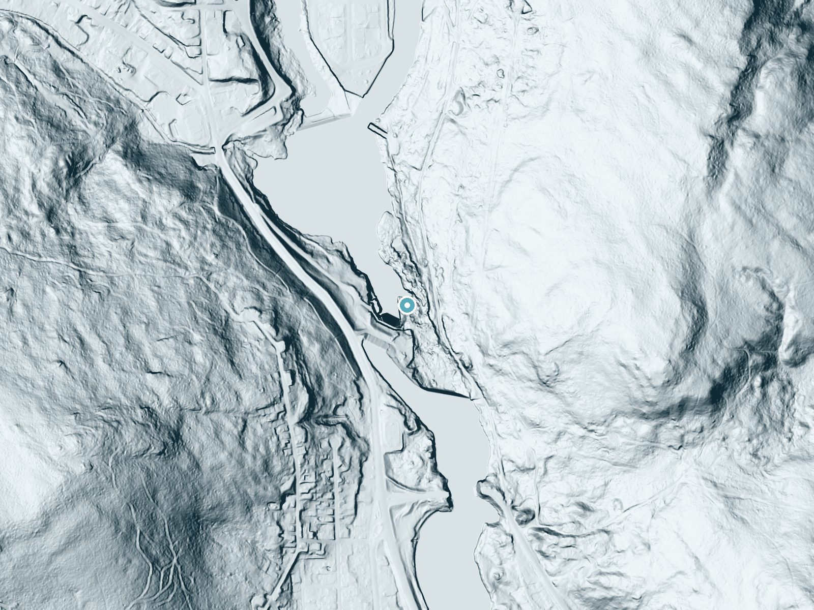 LiDAR bare-earth terrain around Rumford Falls near Bethel, Maine, showing about 107 feet of drop, a steep tiered drop, facing northwest