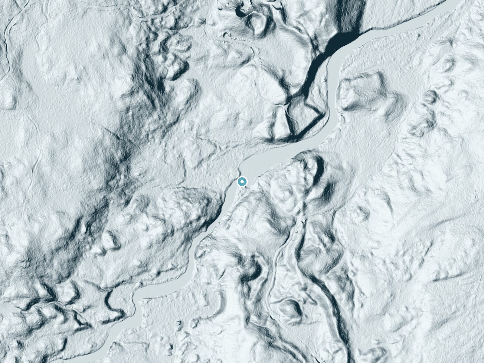 LiDAR bare-earth terrain around Bruner Falls near St. Regis Falls, New York, showing about 39 feet of drop, a long cascade, facing northwest