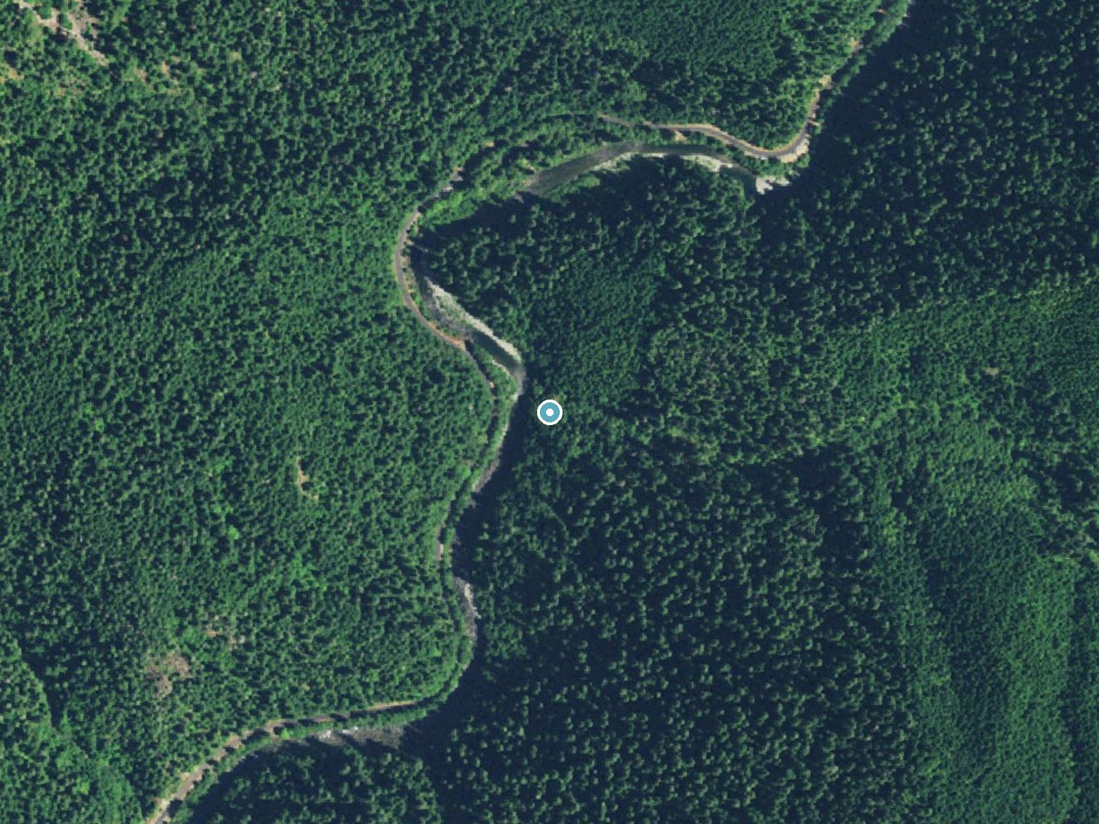 Aerial photo of the same ground around Cascade Falls near Cascadia, Oregon, for comparison with the lidar view