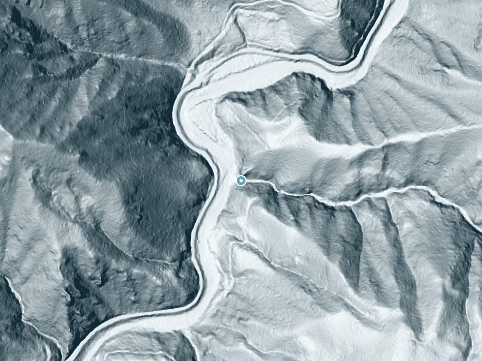 LiDAR bare-earth terrain around Cascade Falls near Cascadia, Oregon, showing about 194 feet of drop, a long cascade, facing west