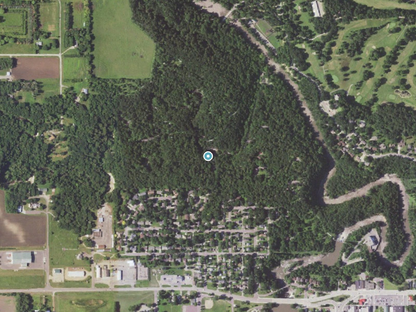 Aerial photo of the same ground around Ramsey Falls near Redwood Falls, Minnesota, for comparison with the lidar view