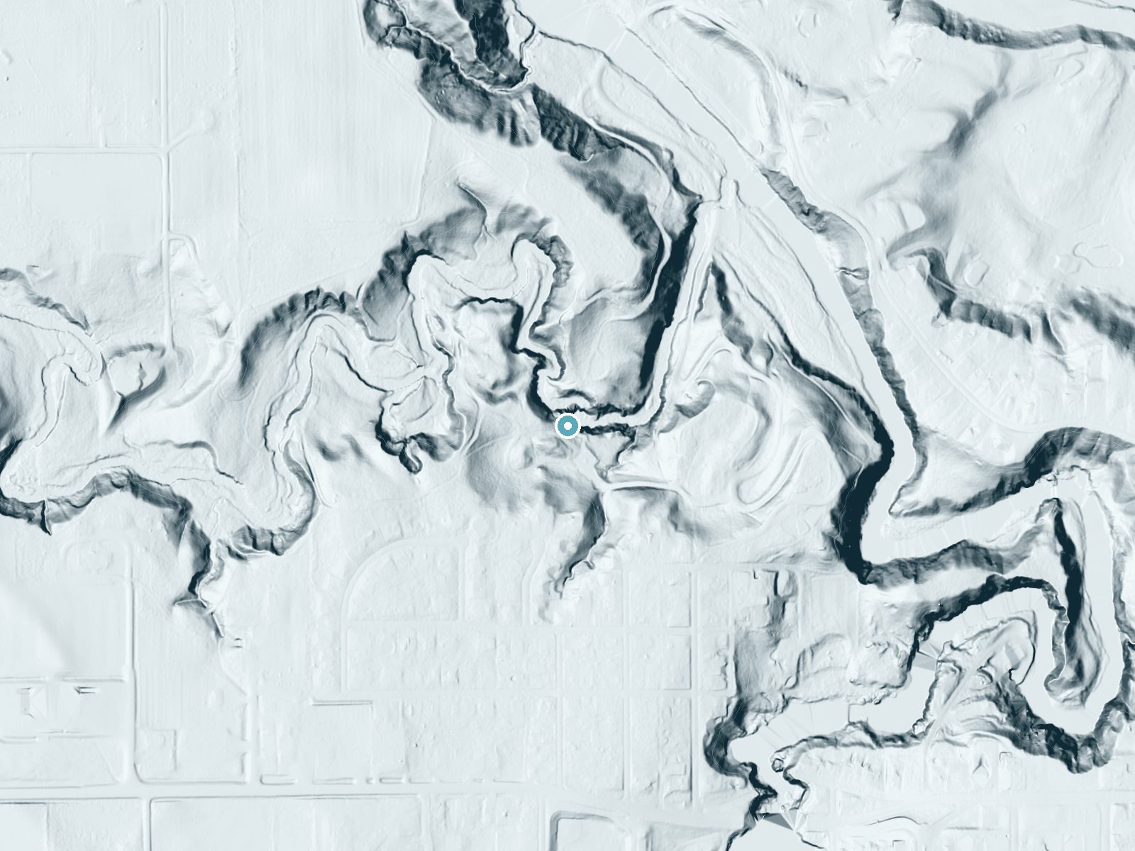 LiDAR bare-earth terrain around Ramsey Falls near Redwood Falls, Minnesota, showing about 89 feet of drop, a steep tiered drop, facing northeast
