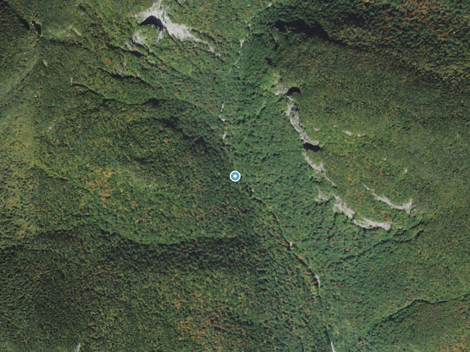 Aerial photo of the same ground around Bingham Falls near Jeffersonville, Vermont, for comparison with the lidar view