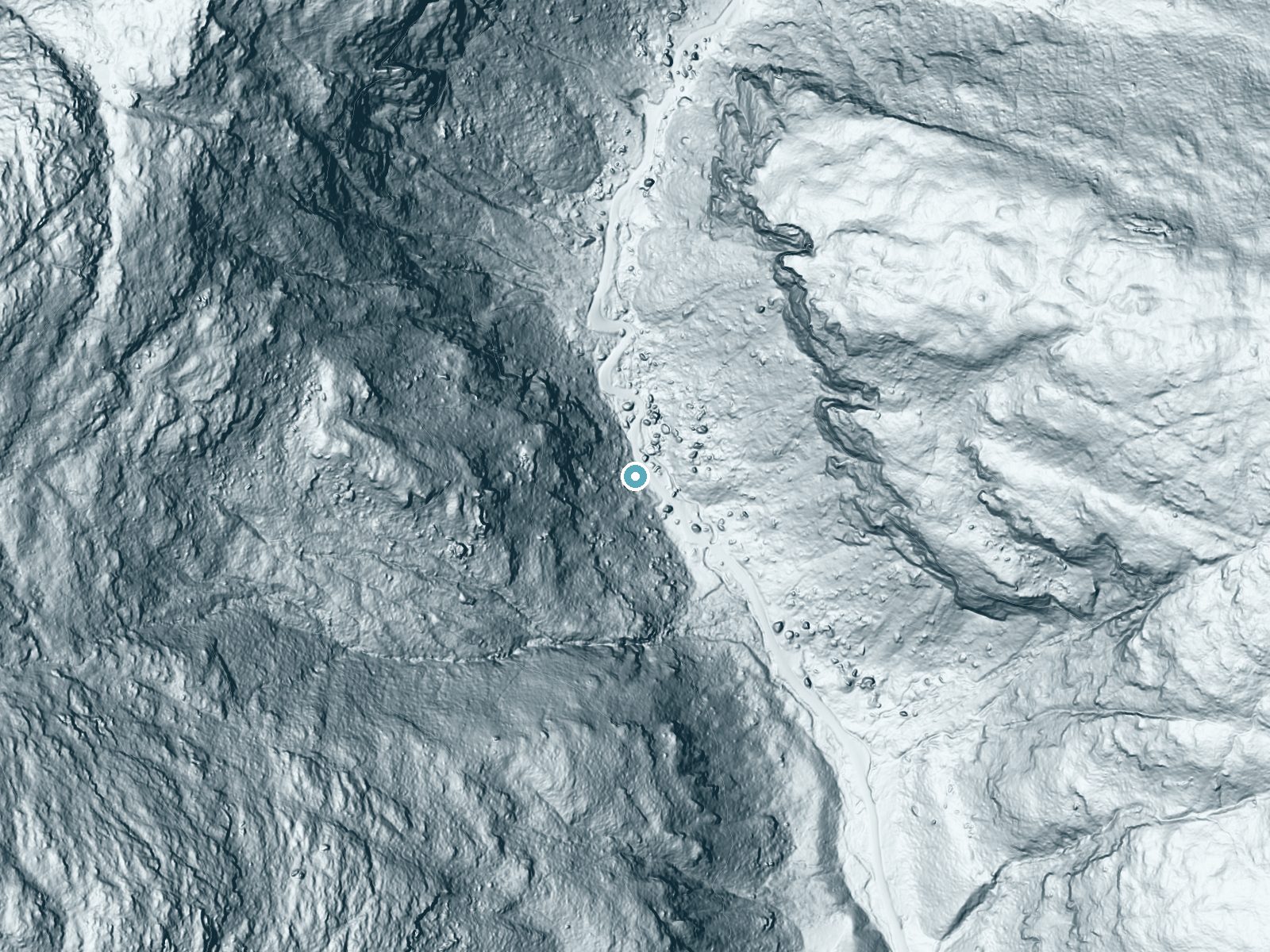 LiDAR bare-earth terrain around Bingham Falls near Jeffersonville, Vermont, showing about 229 feet of drop, a steep tiered drop, facing east