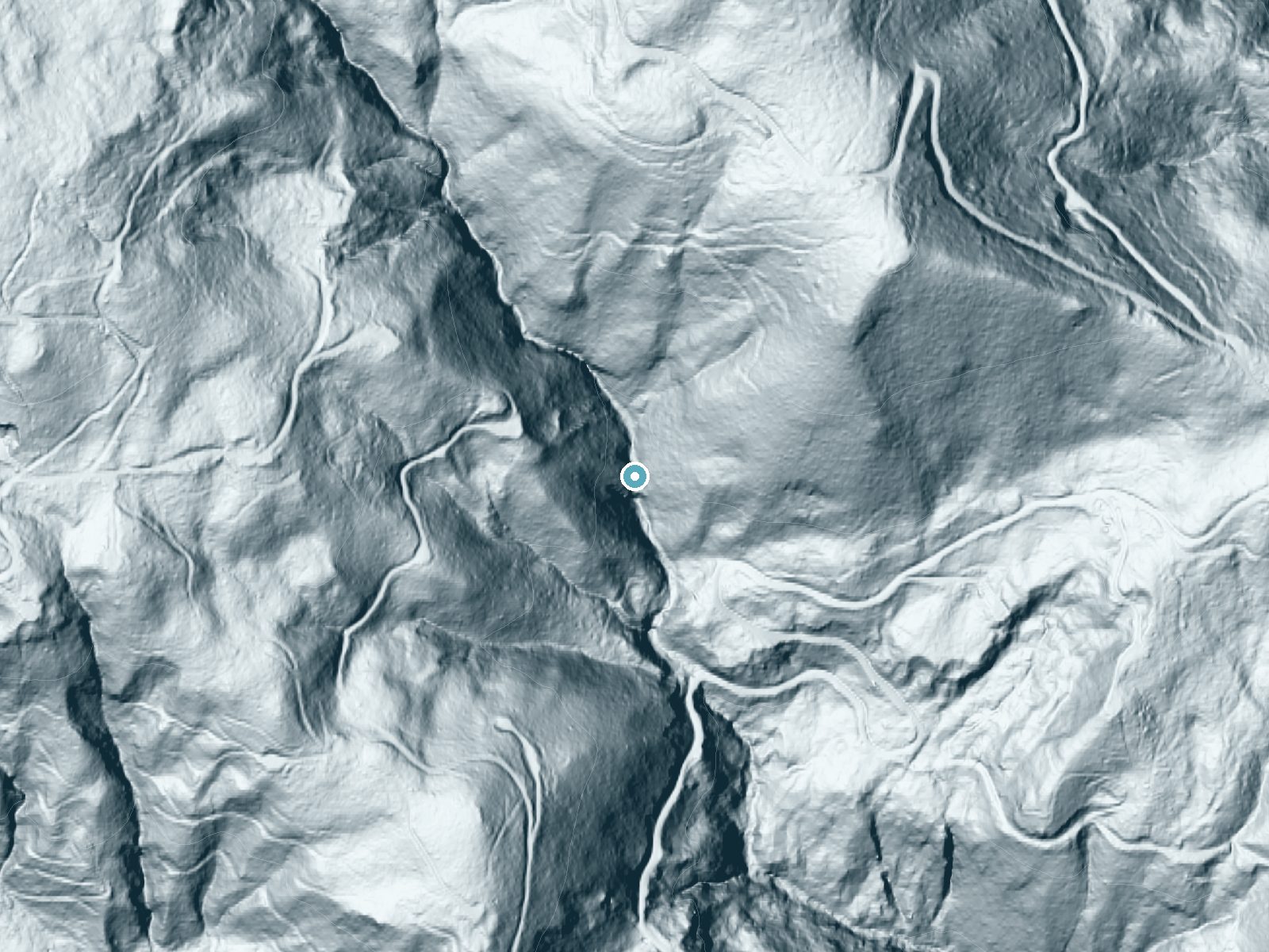 LiDAR bare-earth terrain around Painter Falls near Cascadia, Oregon, showing about 233 feet of drop, a steep tiered drop, facing south