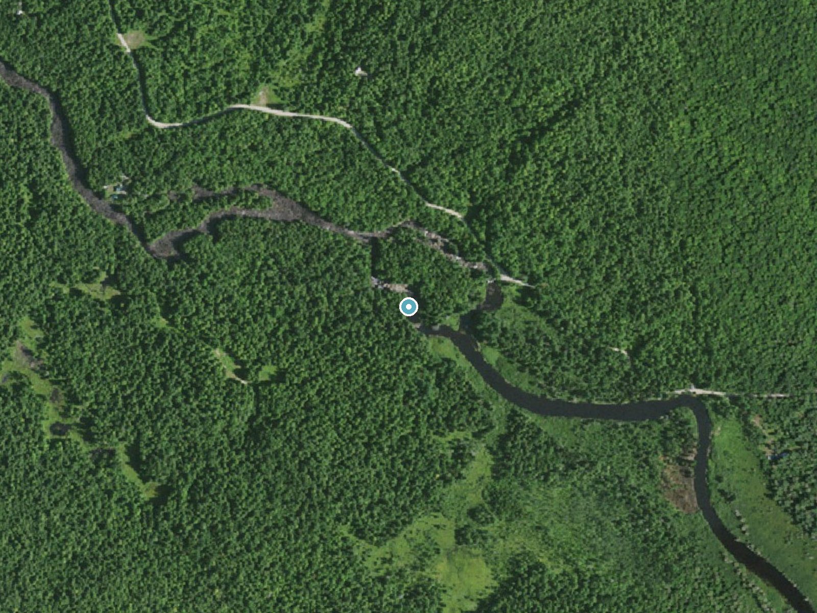 Aerial photo of the same ground around Sylvan Falls near Hannawa Falls, New York, for comparison with the lidar view