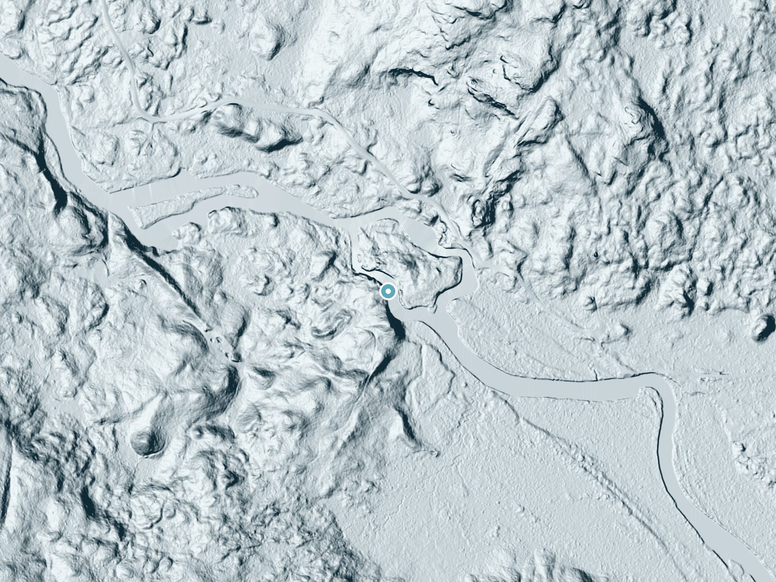 LiDAR bare-earth terrain around Sylvan Falls near Hannawa Falls, New York, showing about 73 feet of drop, a long cascade, facing north
