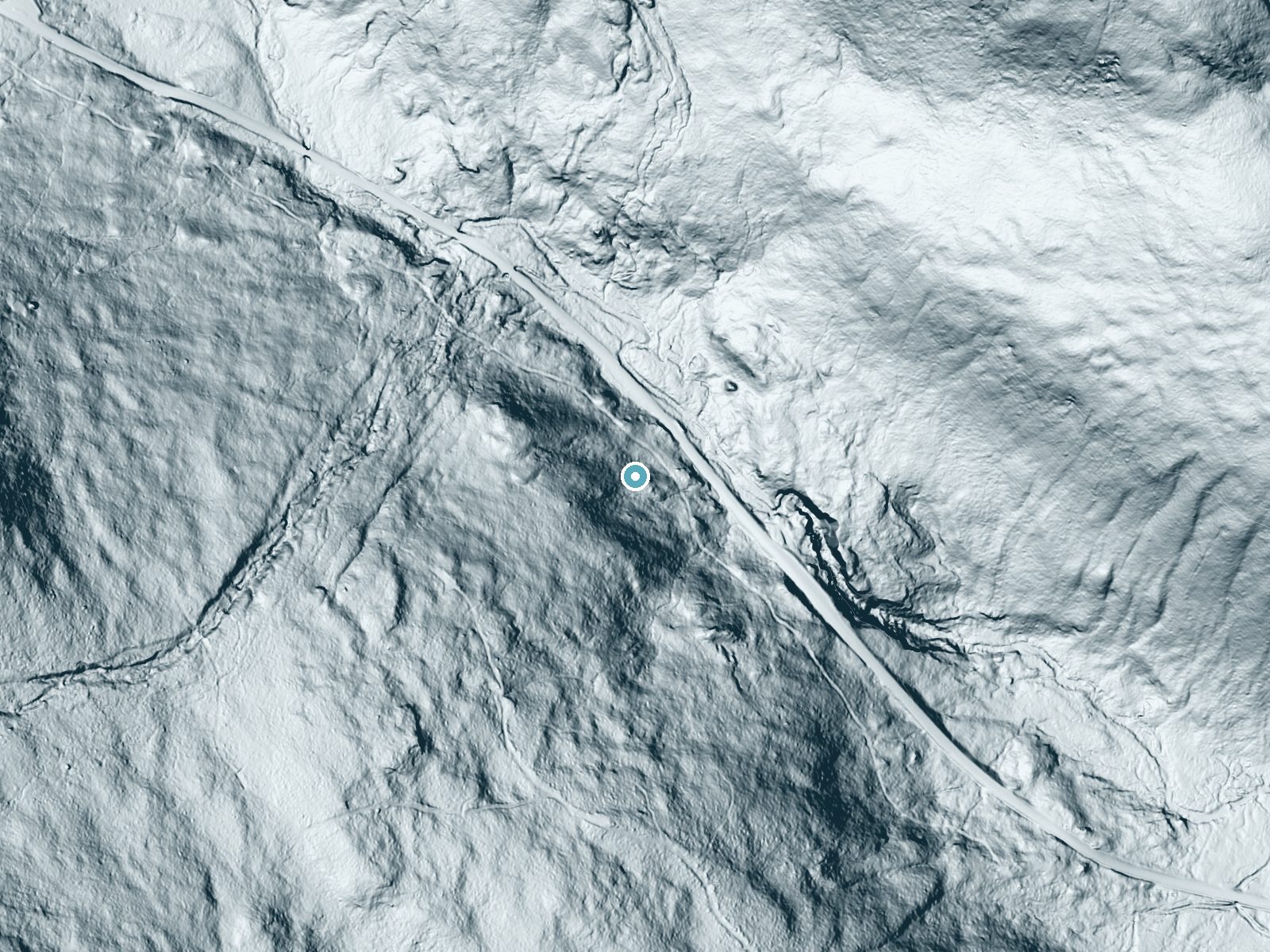 LiDAR bare-earth terrain around Mother Walker Falls near Bethel, Maine, showing about 173 feet of drop, a steep tiered drop, facing northeast