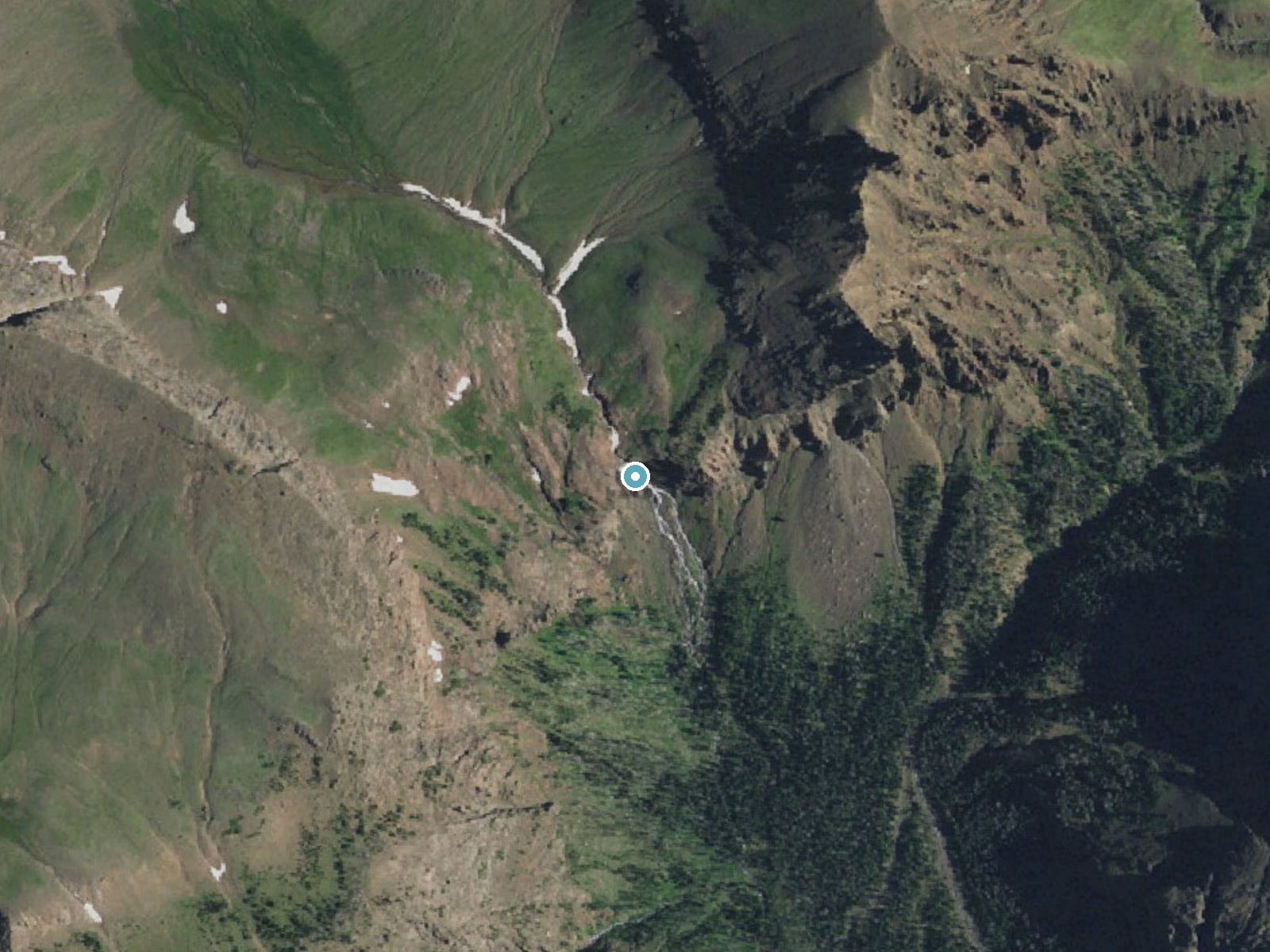 Aerial photo of the same ground around Big Creek Falls near Cody, Wyoming, for comparison with the lidar view