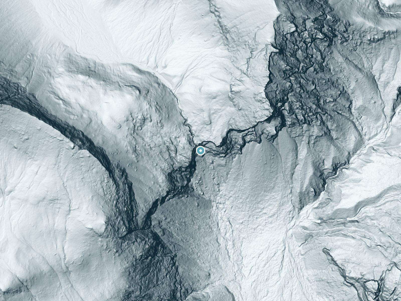 LiDAR bare-earth terrain around Big Creek Falls near Cody, Wyoming, showing about 575 feet of drop, a single sheer drop, facing southeast