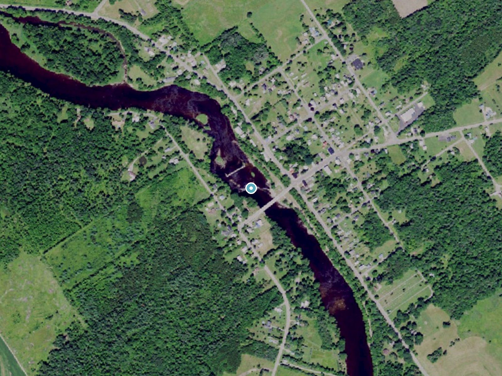 Aerial photo of the same ground around Rensselaer Falls near Rensselaer Falls, New York, for comparison with the lidar view