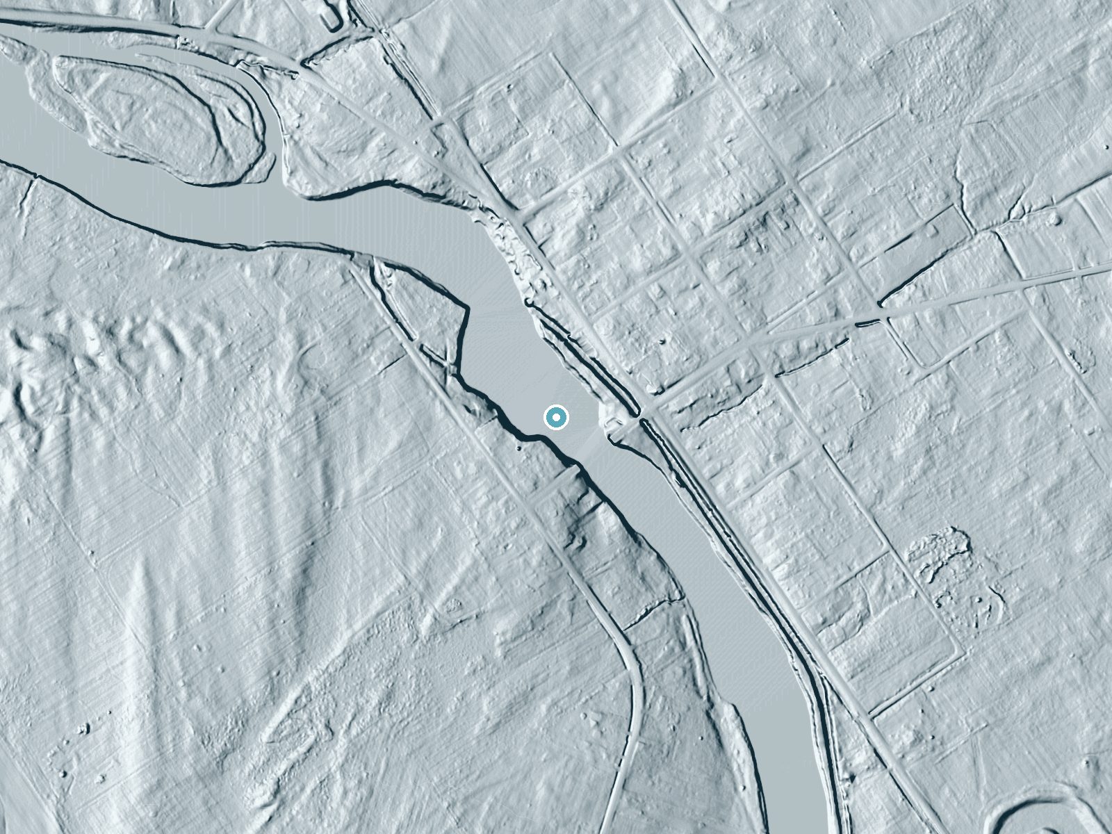 LiDAR bare-earth terrain around Rensselaer Falls near Rensselaer Falls, New York, showing about 27 feet of drop, a long cascade, facing north