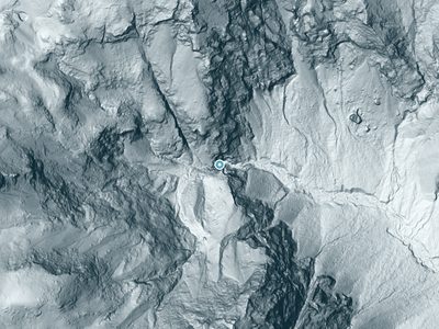 LiDAR terrain view around Sweetwater Creek Falls in Wyoming, about 382 feet of drop