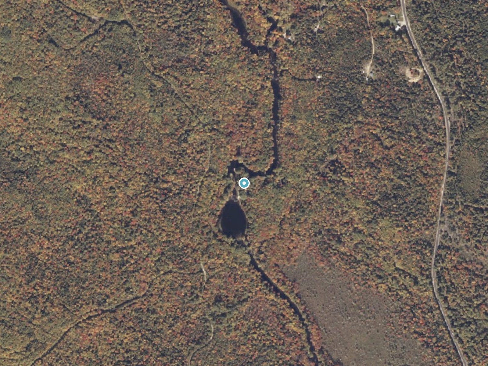 Aerial photo of the same ground around The Falls near Chisholm, Maine, for comparison with the lidar view