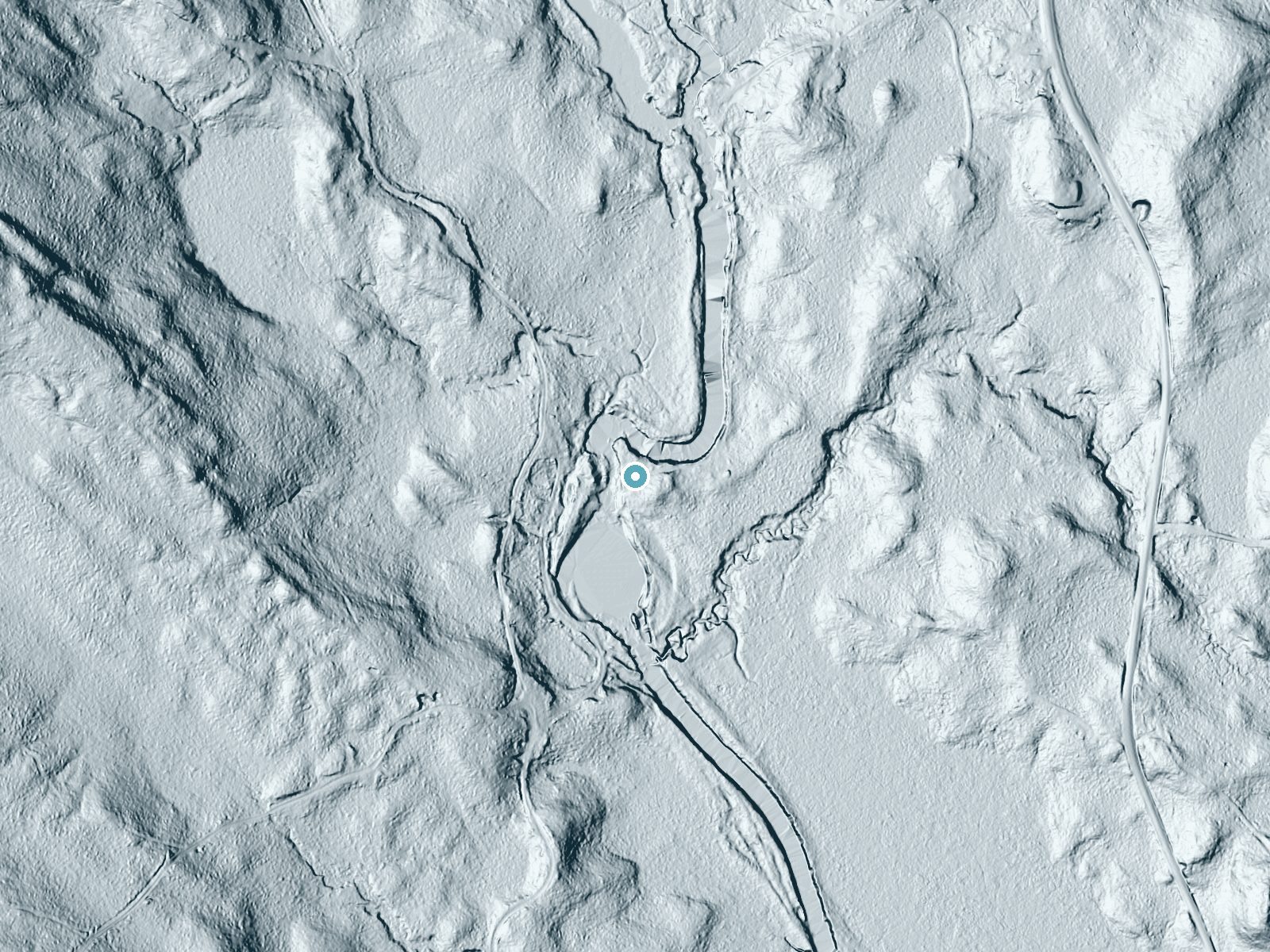 LiDAR bare-earth terrain around The Falls near Chisholm, Maine, showing about 22 feet of drop, a long cascade, facing west