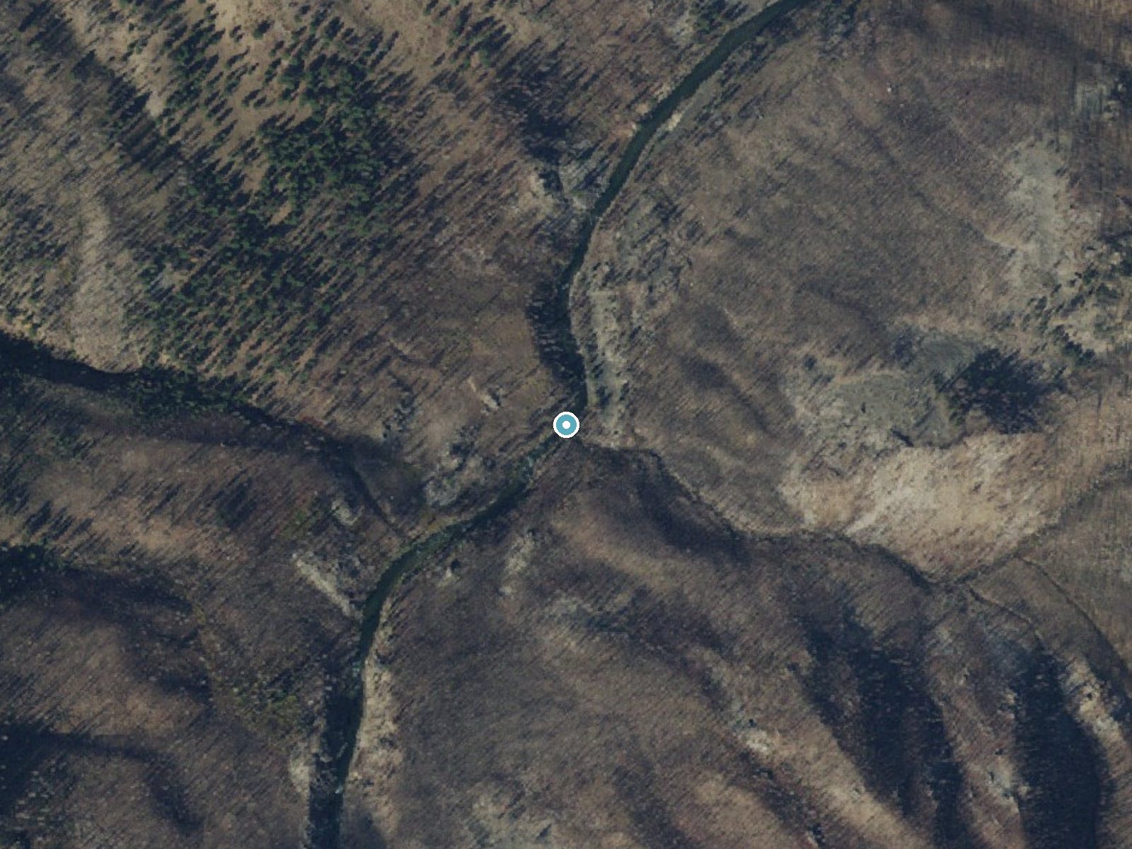 Aerial photo of the same ground around Velvet Falls near Yellow Pine, Idaho, for comparison with the lidar view