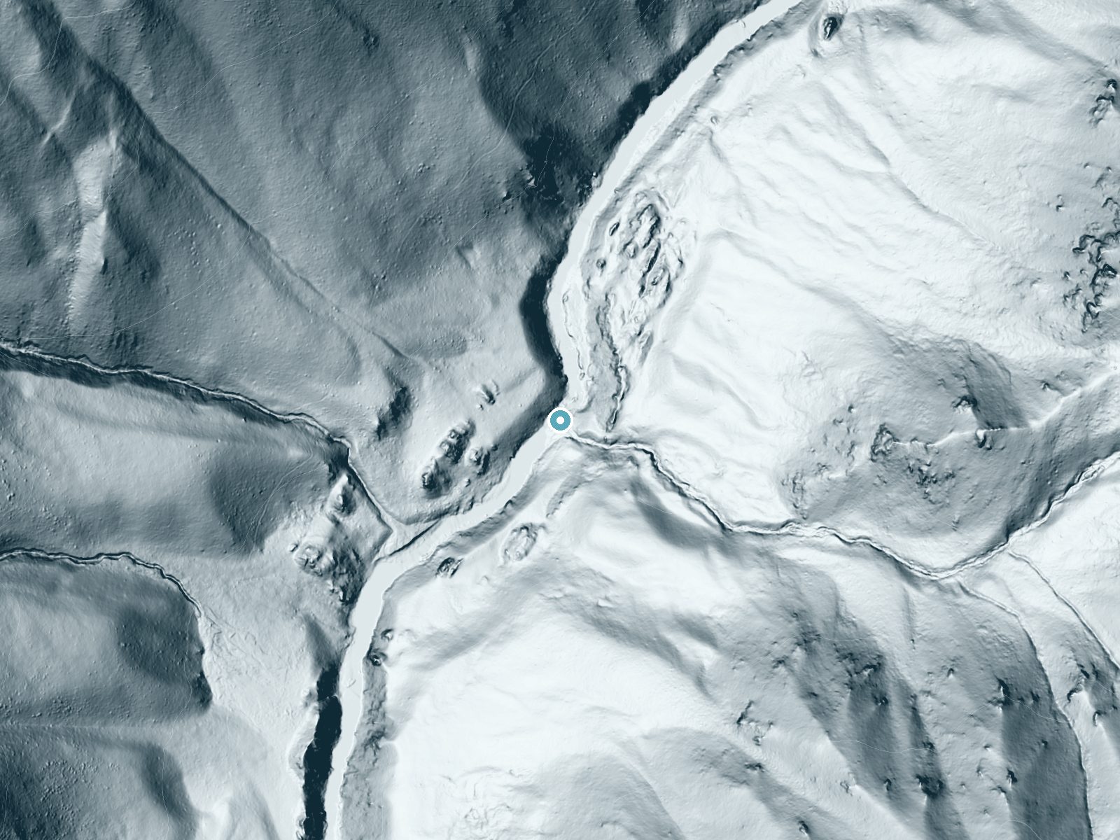 LiDAR bare-earth terrain around Velvet Falls near Yellow Pine, Idaho, showing about 122 feet of drop, a long cascade, facing northwest