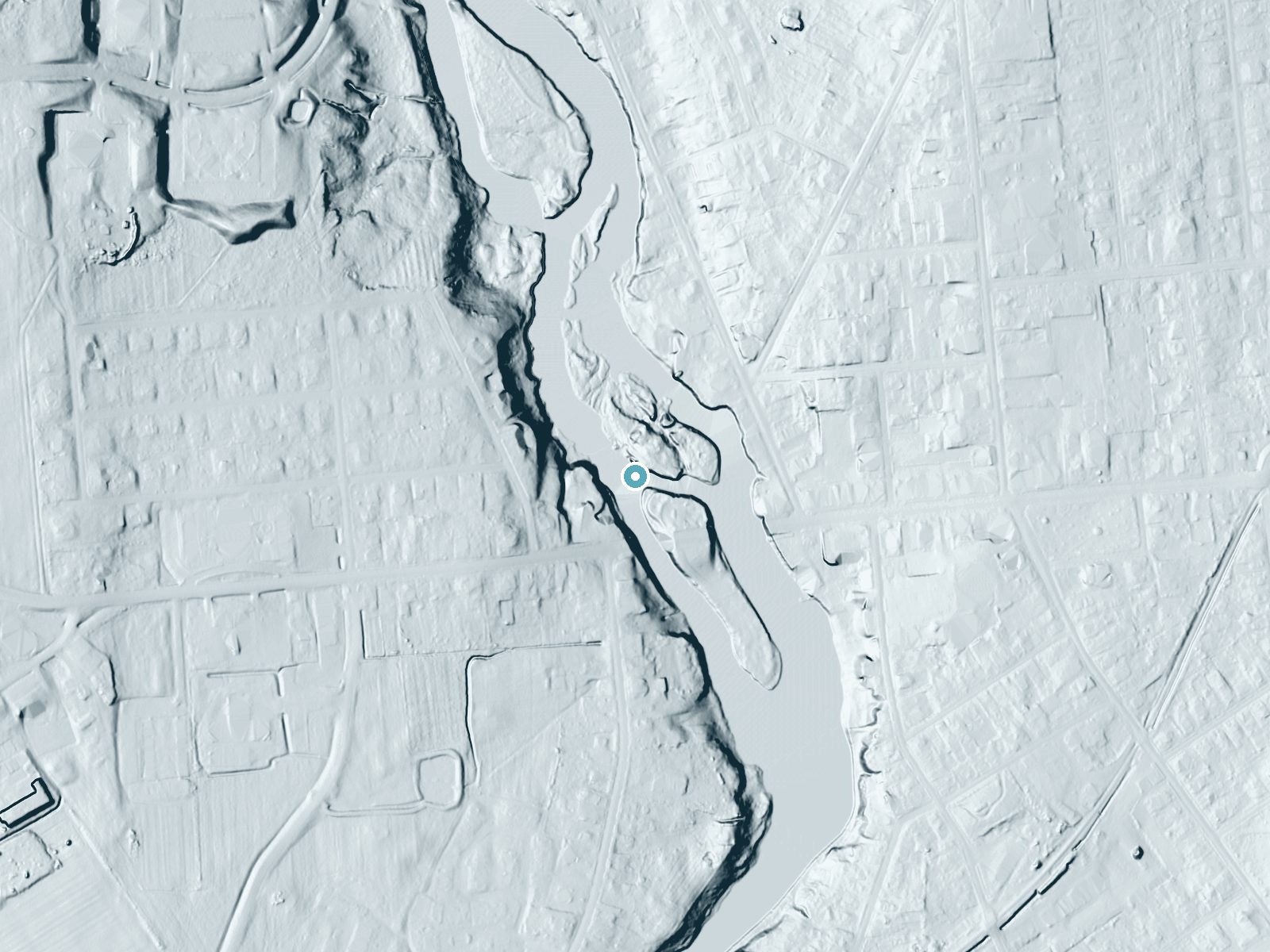 LiDAR bare-earth terrain around Cascade Falls near Rensselaer Falls, New York, showing about 35 feet of drop, a long cascade, facing north