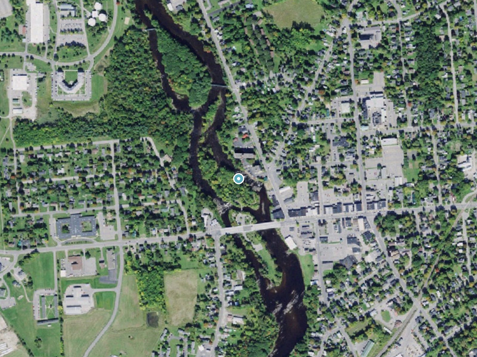 Aerial photo of the same ground around Rushton Falls near Rensselaer Falls, New York, for comparison with the lidar view
