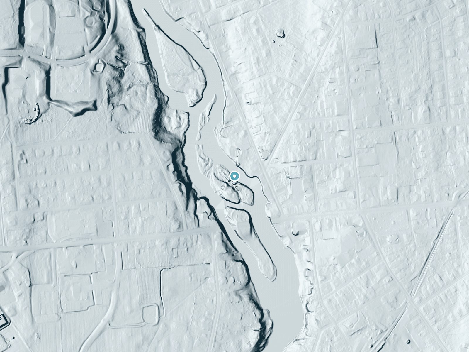 LiDAR bare-earth terrain around Rushton Falls near Rensselaer Falls, New York, showing about 20 feet of drop, a long cascade, facing northwest