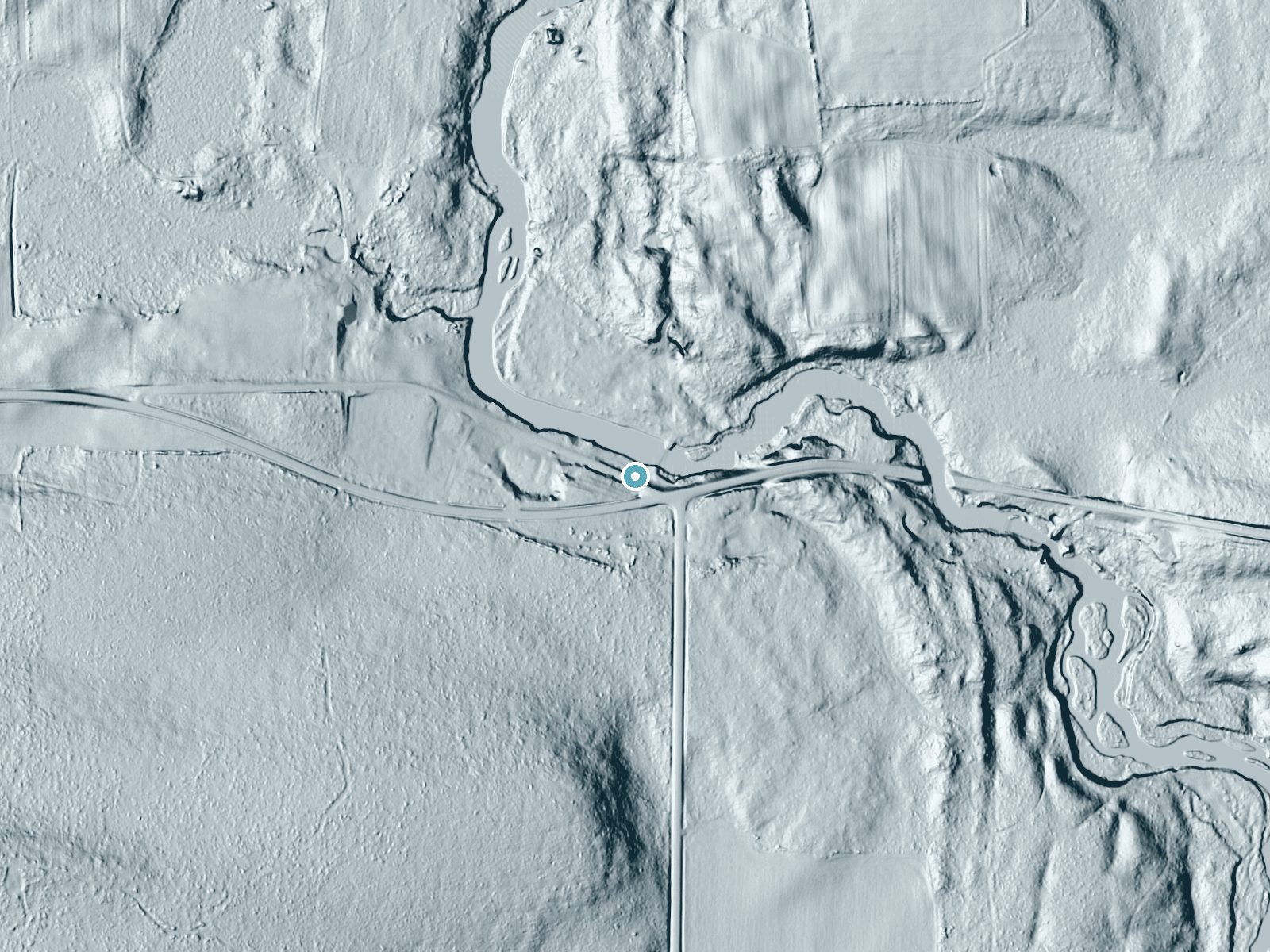 LiDAR bare-earth terrain around Little Falls near Big Falls, Wisconsin, showing about 23 feet of drop, a long cascade, facing north