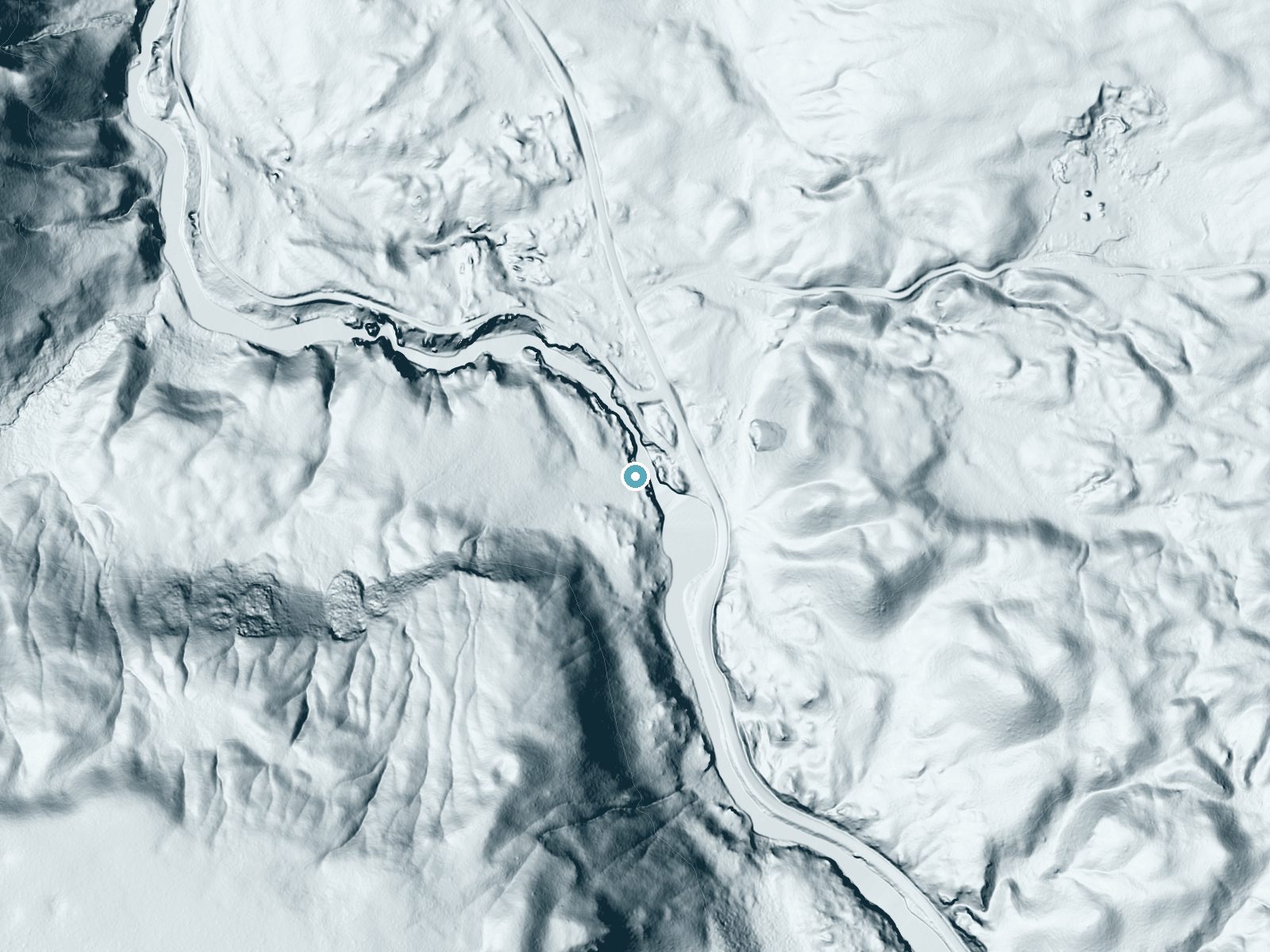 LiDAR bare-earth terrain around Cascades of the Firehole near West Yellowstone, Wyoming, showing about 64 feet of drop, a long cascade, facing northeast