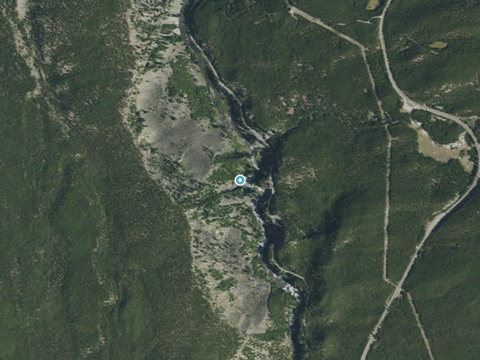 Aerial photo of the same ground around Firehole Falls near West Yellowstone, Wyoming, for comparison with the lidar view