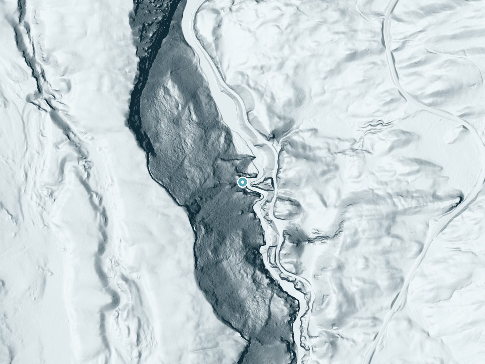 LiDAR bare-earth terrain around Firehole Falls near West Yellowstone, Wyoming, showing about 227 feet of drop, a single sheer drop, facing east