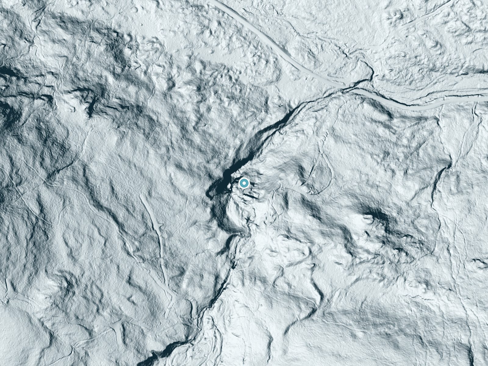 LiDAR bare-earth terrain around The Cataracts near Bethel, Maine, showing about 128 feet of drop, a steep tiered drop, facing north