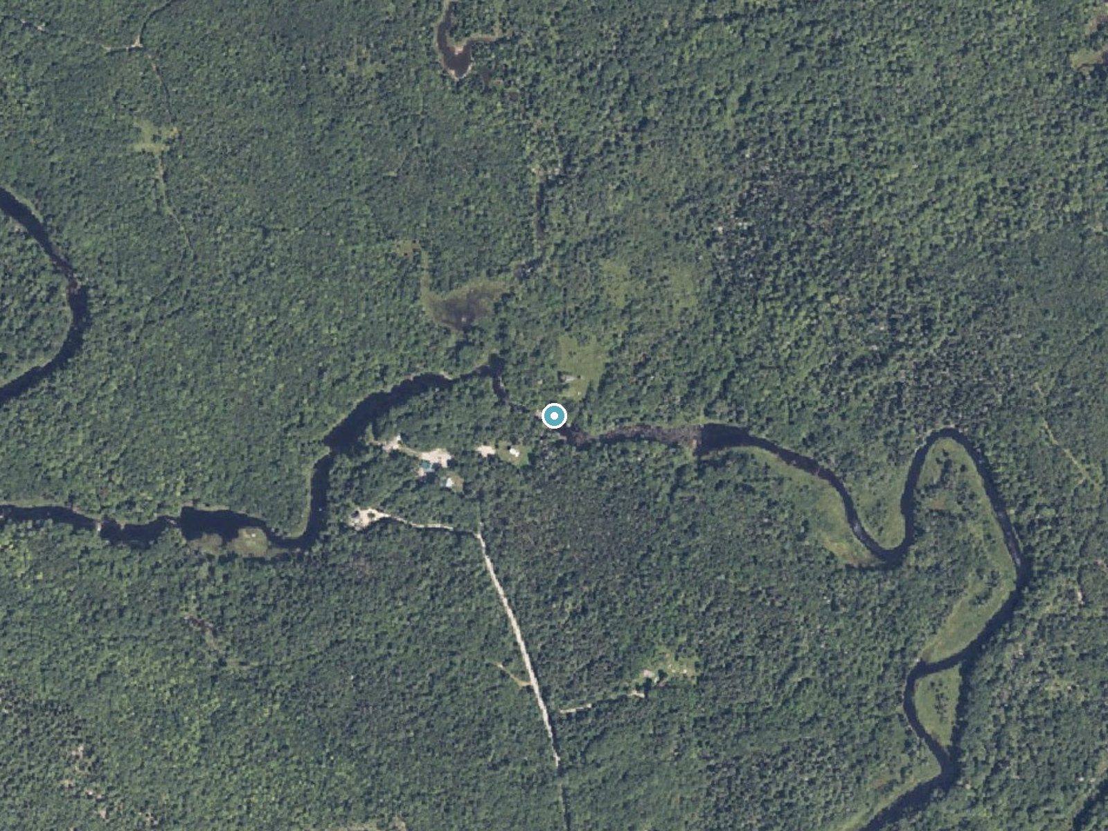 Aerial photo of the same ground around Sprague Falls near Milbridge, Maine, for comparison with the lidar view