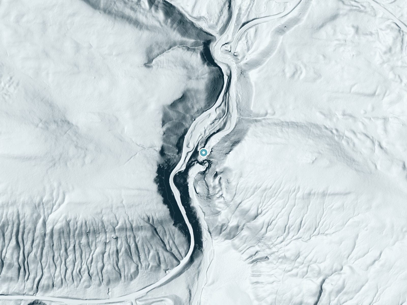 LiDAR bare-earth terrain around Gibbon Falls near West Yellowstone, Wyoming, showing about 208 feet of drop, a steep tiered drop, facing southwest