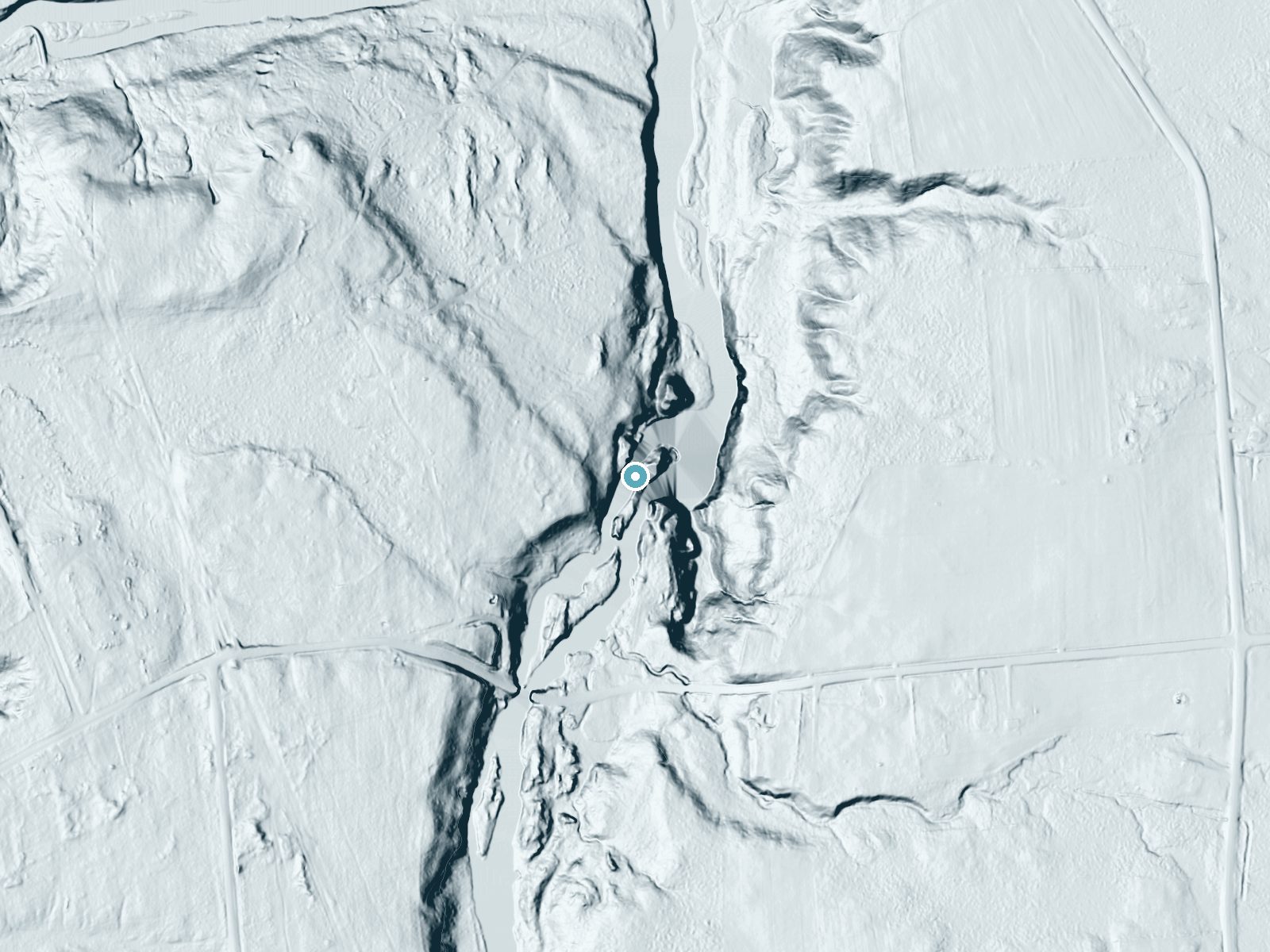 LiDAR bare-earth terrain around Allen Falls near Hannawa Falls, New York, showing about 99 feet of drop, a long cascade, facing east