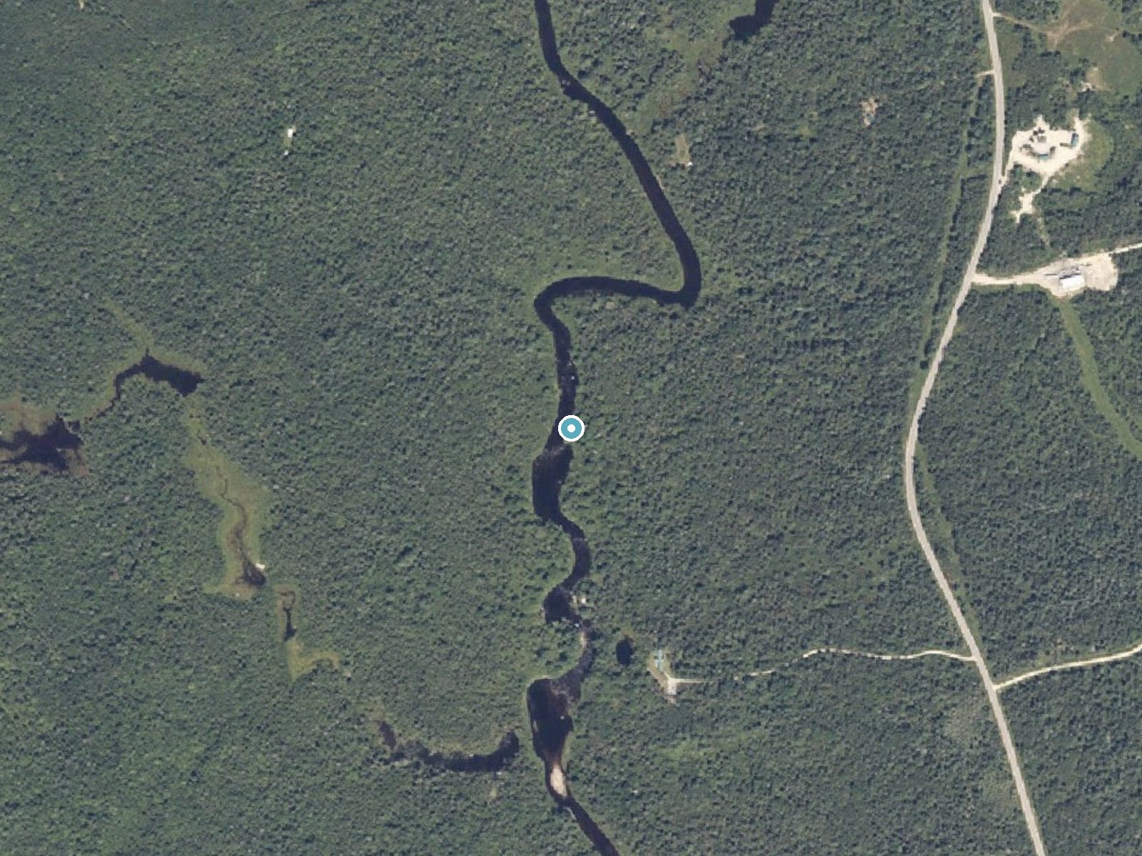 Aerial photo of the same ground around Little Falls near Milbridge, Maine, for comparison with the lidar view