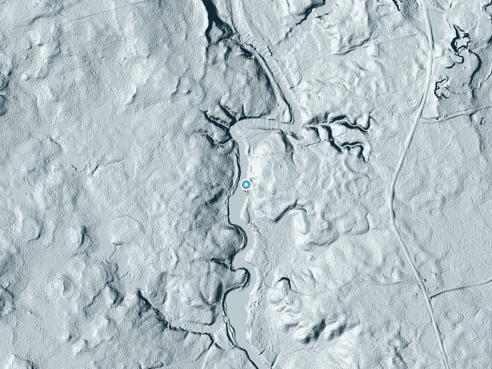 LiDAR bare-earth terrain around Little Falls near Milbridge, Maine, showing about 28 feet of drop, a long cascade, facing west