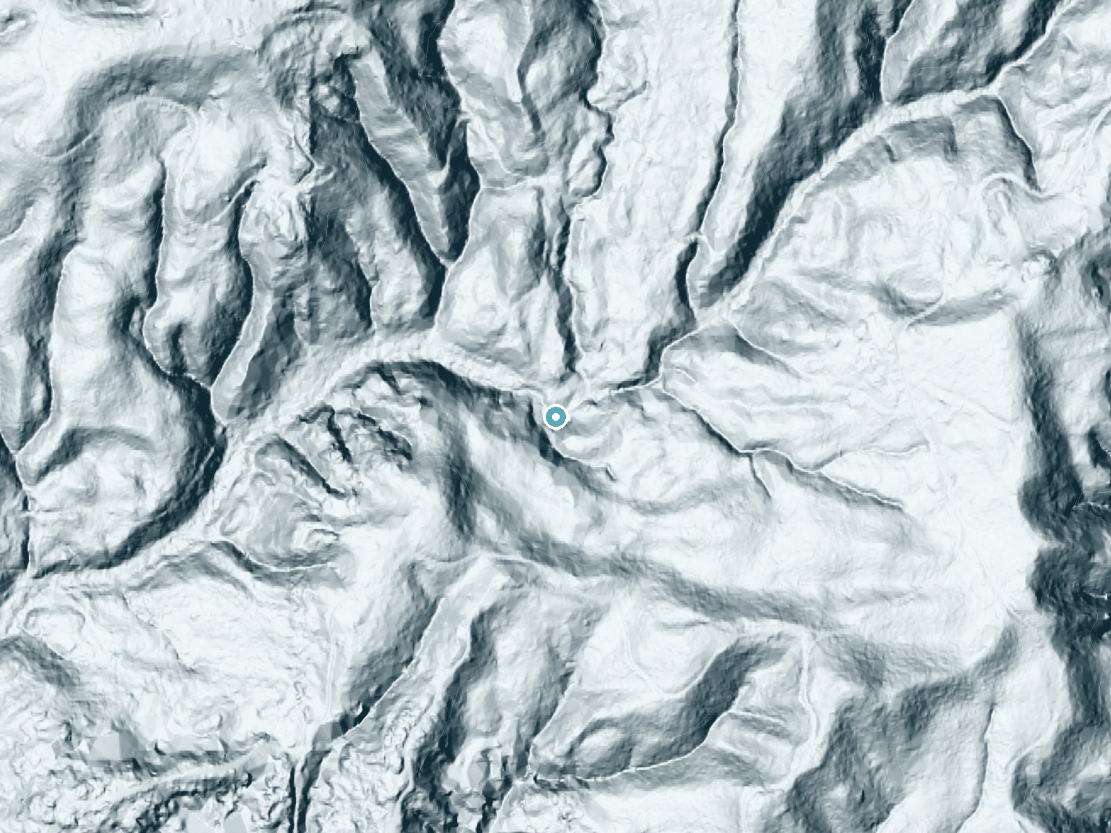 LiDAR bare-earth terrain around Martin Falls near Newport, Oregon, showing about 110 feet of drop, a steep tiered drop, facing north