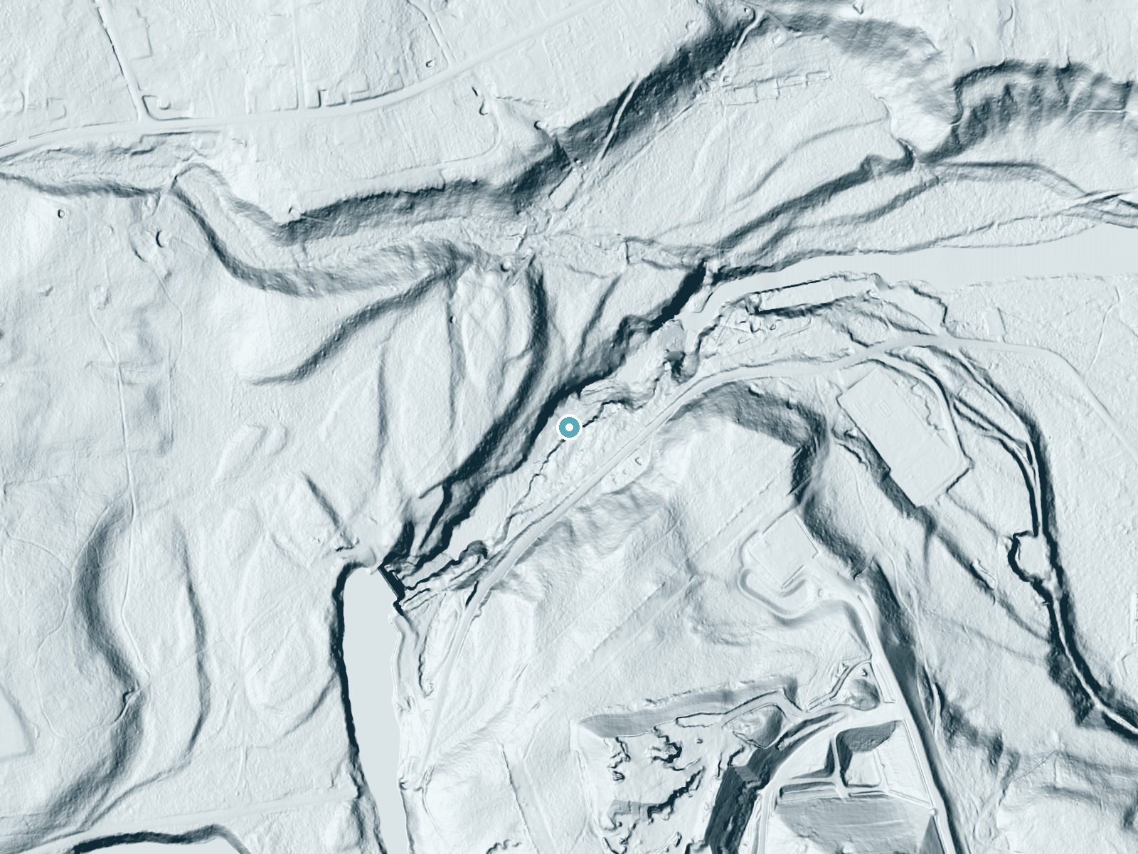 LiDAR bare-earth terrain around Kent Falls near Cadyville, New York, showing about 94 feet of drop, a long cascade, facing northeast