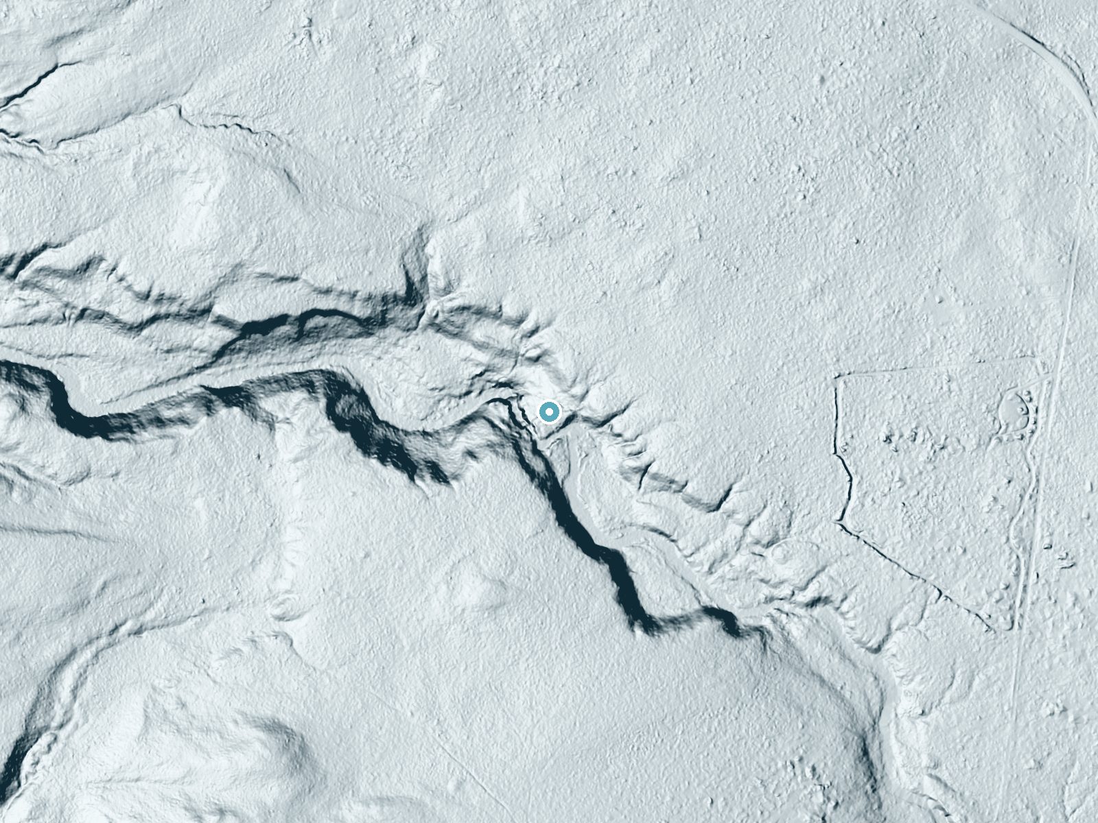 LiDAR bare-earth terrain around High Falls near Lyon Mountain, New York, showing about 84 feet of drop, a long cascade, facing west