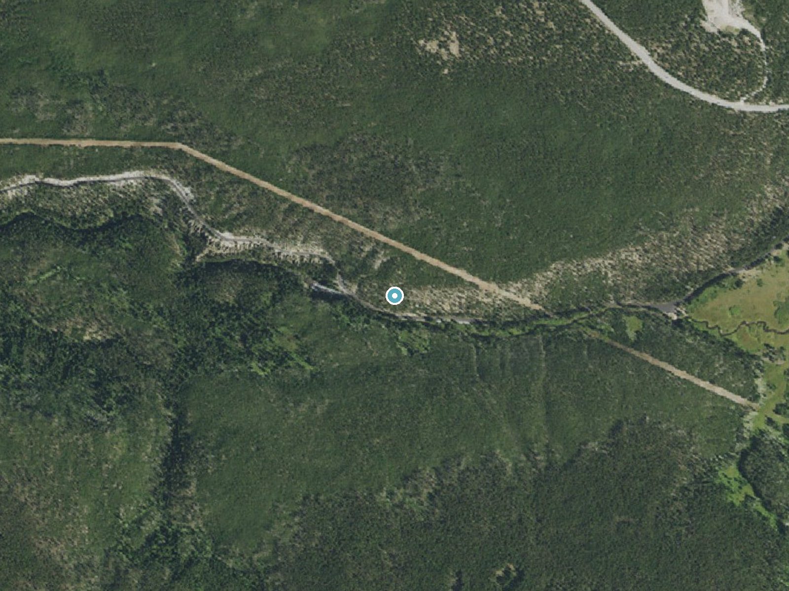 Aerial photo of the same ground around Virginia Cascade near Mammoth, Wyoming, for comparison with the lidar view