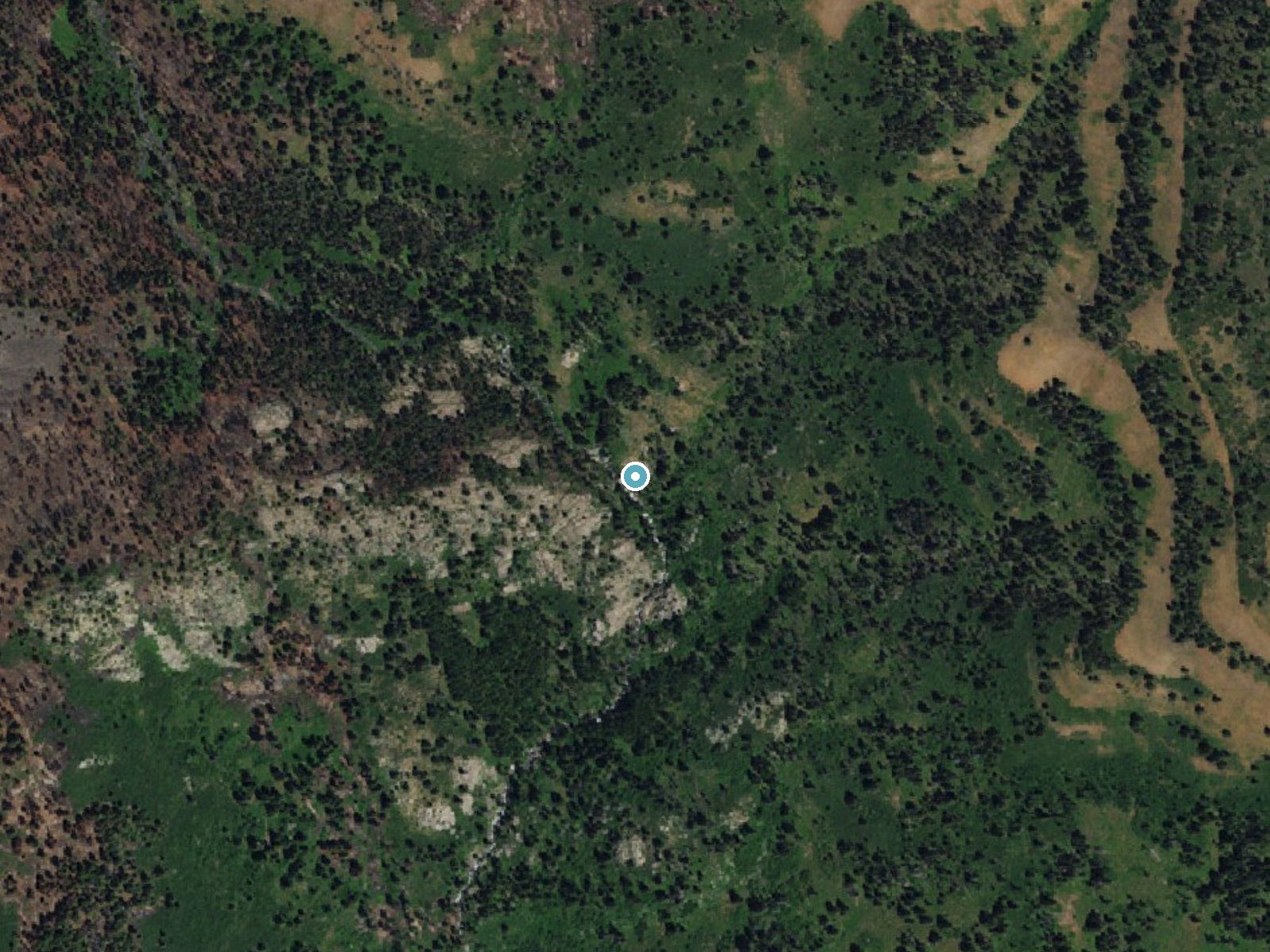 Aerial photo of the same ground around Rush Falls near Cambridge, Idaho, for comparison with the lidar view