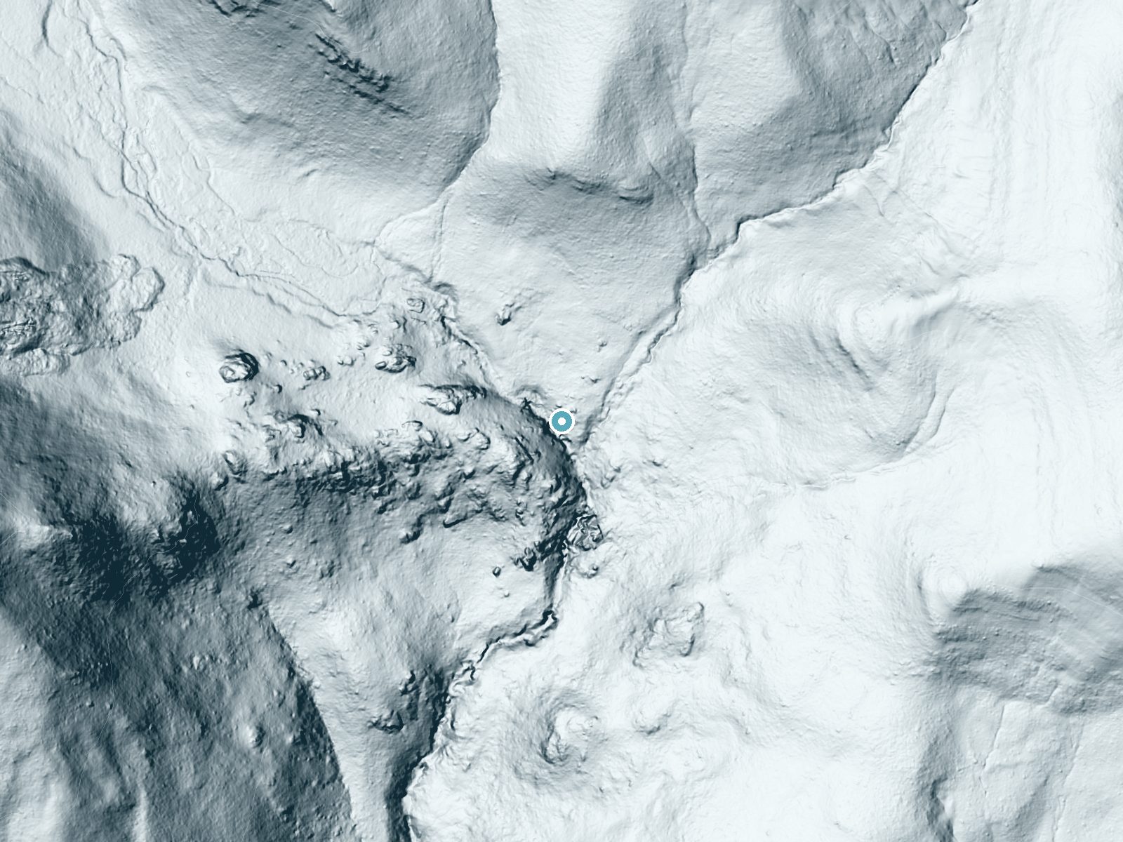 LiDAR bare-earth terrain around Rush Falls near Cambridge, Idaho, showing about 122 feet of drop, a steep tiered drop, facing south